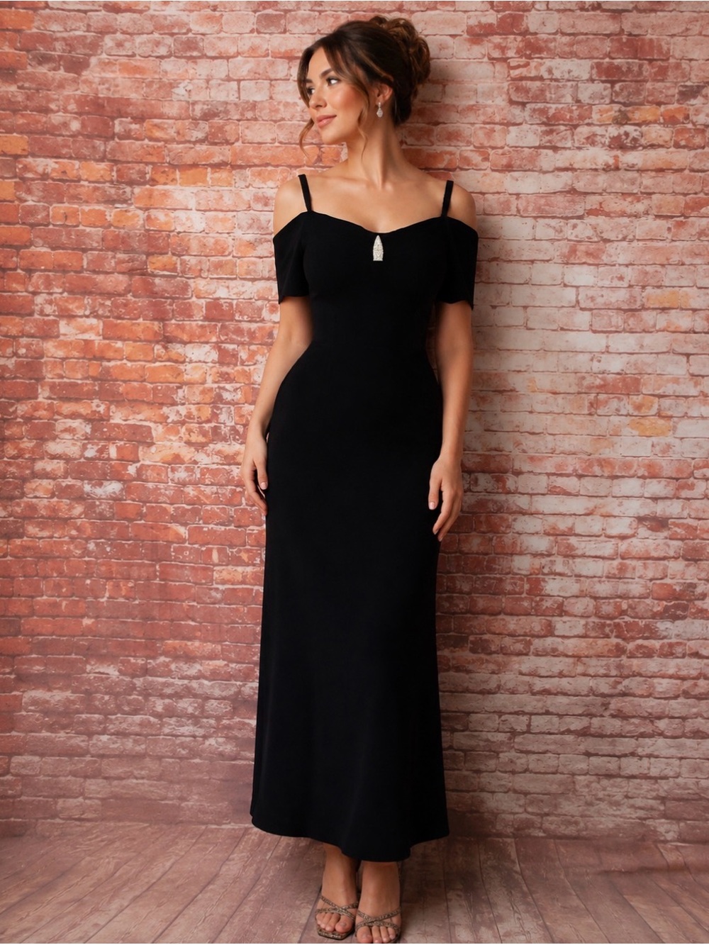 Vintage 90s CDC Evenings Black  Velvet Off-Shoulder Rhinestone  Evening Gown